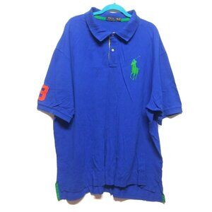 VINTAGE POLO RALPH LAUREN polo shirt 4XLT BLUE w/BIG PONY green Number 3 Cotton